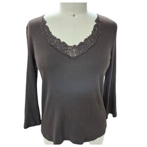Vtg LRL Lauren Ralph Lauren 100% Cotton Top Brown Lace Logo V Neck Sz L